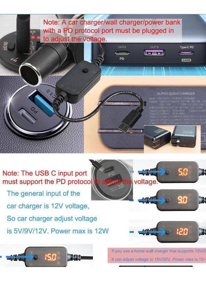GMORO USB C Male to 12V Car Cigarette Lighter Socket Type-C to Cigarette Lighter Adapter Cable Converter with Voltmeter Display, Adjustable Voltage 5V/9V/12V, Suitable for Car Charger, GPS, Dash Cam - Image 5